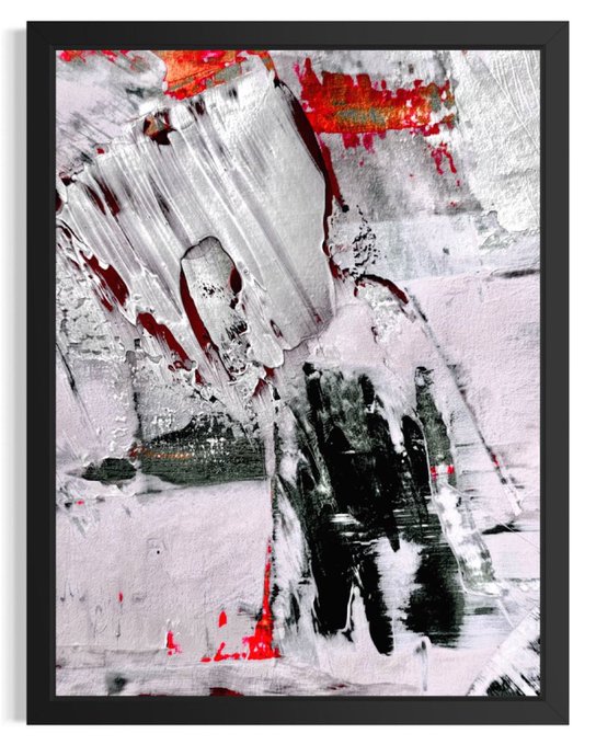 A framed abstract painting dominated by gestural strokes of white, black, and red features bold black brushwork in the lower right and vivid red accents across the upper portion, visually embodying the turbulent perseverance described in the piece's accompanying text.