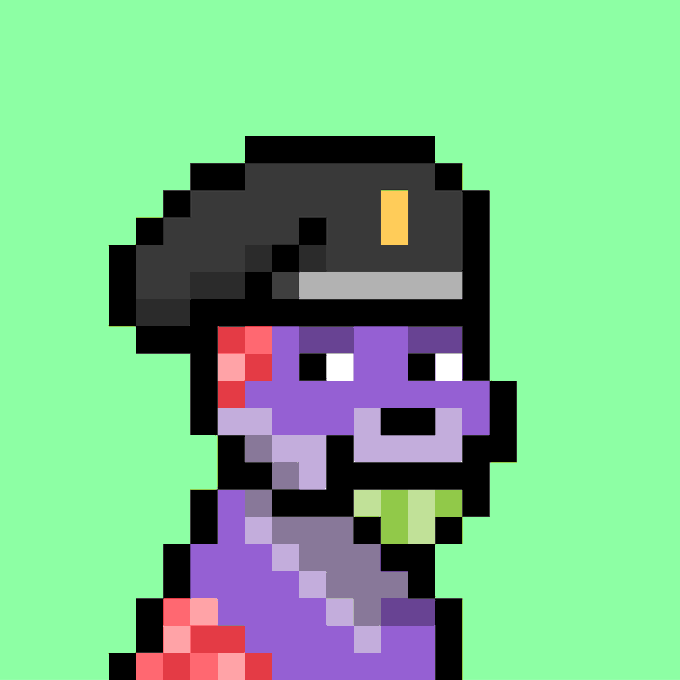 A pixel art character with purple skin wearing a dark hat with a yellow emblem on a green background.