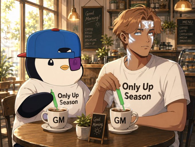 The anime-style illustration shows a penguin mascot in a blue cap and a brown-haired character both wearing "Only Up Season" t-shirts, enjoying "Good Morning" coffee in a cozy café with "GM" labeled mugs. The image ties to the post's "GM" (Good Morning) crypto slang, suggesting a relaxed Saturday vibe where Bitcoin holders can step away from the charts to recharge, matching the "touch grass" and "degen" sentiment of celebrating gains while taking a break.