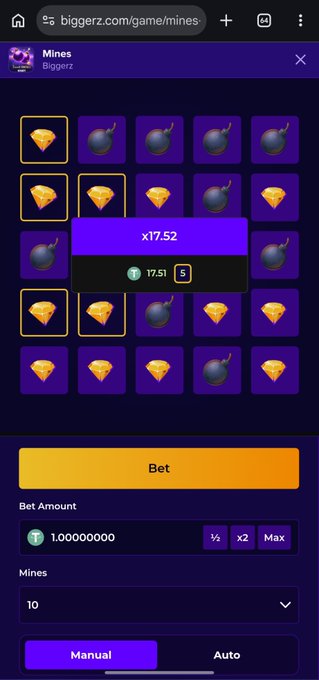 The image shows a Mines game on Biggerz.com with a 5x5 grid of gems and bombs, displaying a winning multiplier of x17.52 on a bet of 17.51 USDT with 10 mines selected, alongside a bet input field set to 1.00 USDT and toggle options for Manual/Auto play.

This screenshot directly illustrates the post's caption, capturing the exact x17.52 multiplier win on the Biggerz Mines game with the specified 10-mine difficulty and USDT bet amount.