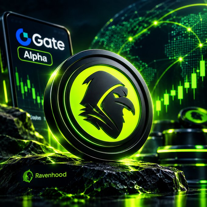 A promotional graphic for "Gate Alpha" featuring a glowing green circular coin with a raven logo, set against a background with stock market candlestick charts and a digital globe, with "Ravenhood" text at the bottom left.
