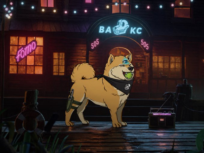The image features a cartoon dog with blue eyes standing next to a building, possibly a house or a store. The dog appears to be wearing a bandana around its neck. In the background, there are neon lights that add a vibrant touch to the scene. The caption "BAYC.com/caveman" is written in white text at the bottom of the image.