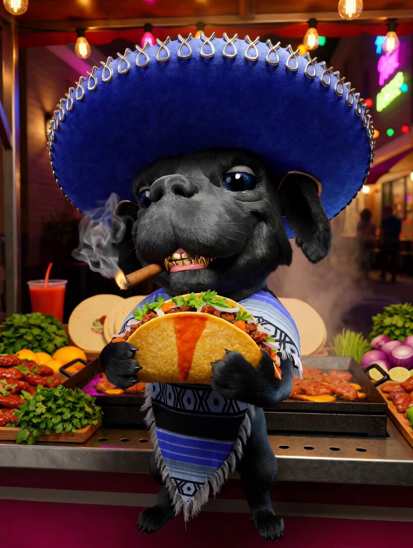 The image features a cartoon dog wearing a sombrero, holding a taco with lettuce and other toppings. The caption below the image reads "GM Future Millionaires Did you know? @TROP_OFFICIAL owners get to enjoy their TACOS with FREE DRINKS at our official partner CASA latina Saint-Tropez Real utility". This is likely an advertisement for a restaurant or food establishment that offers tacos and drinks.