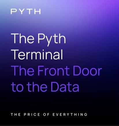 The image features an advertisement for the Pyth Terminal, which is described as "the front door to the data" by the company. The poster has a purple background that contrasts with white text, making the title stand out. The phrase "For decades, market data lived behind terminals most people could never access." emphasizes the uniqueness of the product and its value in today's digital age.
