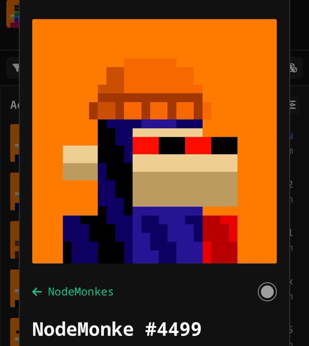 A pixel-art NFT image titled "NodeMonke #4499" from the NodeMonkes collection, depicting a monkey character wearing a hat and scarf in orange, blue, and red tones.