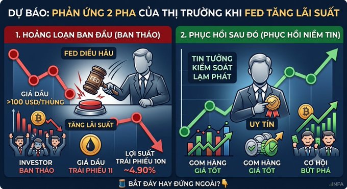 A Vietnamese infographic titled 'DỰ BÁO: PHẢN ỨNG 2 PHA CỦA THỊ TRƯỜNG KHI FED TĂNG LÃI SUẤT' (Forecast: 2-phase market reaction when the Fed raises interest rates), divided into '1. HOẢNG LOẠN BAN ĐẦU' (Initial Panic) and '2. PHỤC HỒI SAU ĐÓ' (Subsequent Recovery), featuring Fed characters, price charts, and icons for oil, gold, and Bitcoin.