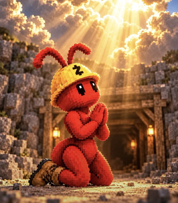 A pixelated red ant character wearing a yellow "Z" miner's helmet kneels in prayer before a sunlit mine entrance, symbolizing devotion to the $ANTMINER community mentioned in the post about scaling into the project.