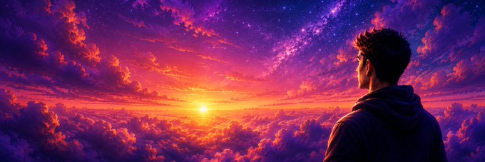 An anime-style illustration of a young man looking out over a sea of clouds at a vibrant orange and purple sunset.
