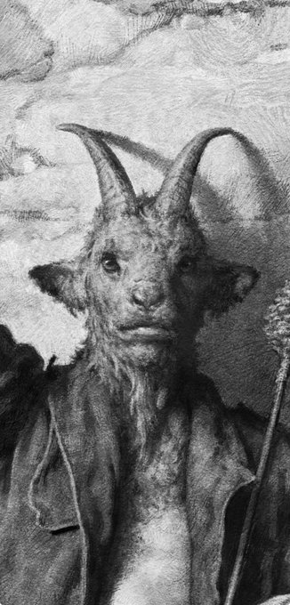 The image shows a detailed pencil drawing of an animal, possibly a goat or a sheep, with long horns that appear to be ramshackle. The artwork features a hat and scarf worn by the animal, adding a touch of realism to the scene. A stick is also present in the scene, which further emphasizes the animal-like quality of the image. The post reads: "Art & details". This description highlights what can be seen in the image as well as its connection with the artist's work or the theme they are exploring through their art.