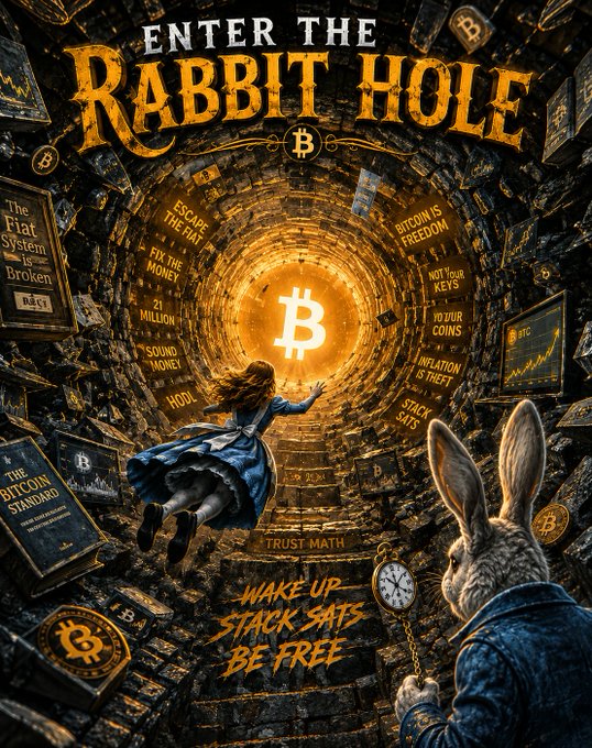 A Bitcoin-themed digital illustration titled 'ENTER THE RABBIT HOLE' showing Alice and the White Rabbit descending into a tunnel of Bitcoin symbols with slogans like '21 MILLION,' 'TRUST MATH,' and 'STACK SATS.'