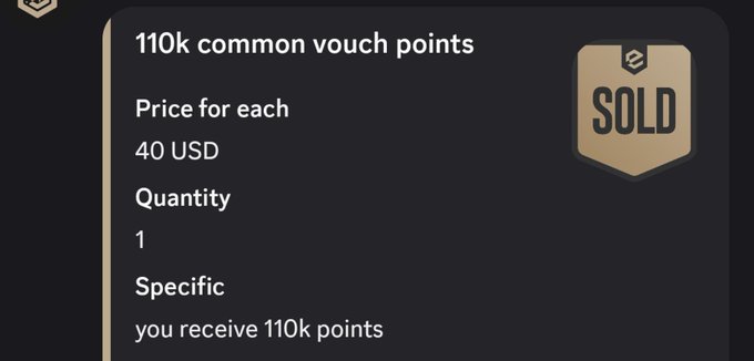 A "SOLD" listing confirms that 110k common vouch points were sold for $40 USD, matching the post's claim of approximately $0.000364 per point in what the user views as a bullish sign.