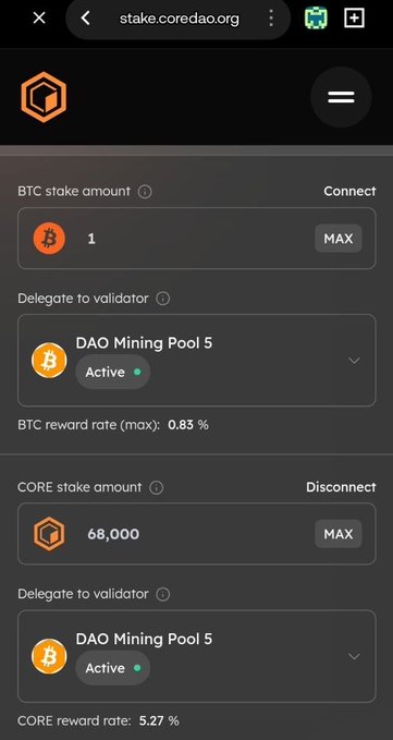 The image shows the "stake.coredao.org" staking interface, displaying options to stake 1 BTC and 68,000 CORE at a CORE reward rate of 5.27% and BTC reward rate (max) of 0.83%, both delegated to "DAO Mining Pool 5." This directly supports the post by illustrating where and how users can stake $CORE and BTC, addressing the audience's questions about the best platform and process for staking.