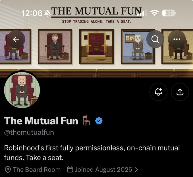Twitter/X profile for "The Mutual Fun" (@themutualfun), described as "Robinhood's first fully permissionless, on-chain mutual funds. Take a seat," with a banner showing pixel art characters in chairs.