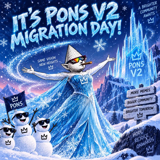 A whimsical winter-themed promotional graphic announces 'IT'S PONS V2 MIGRATION DAY!' featuring a snowman-like figure in sunglasses and a flowing blue dress, alongside cheerful snowmen and an ice castle labeled 'PONS V2.' Signs read 'SAME VISION NEW HEIGHTS,' 'MORE MEMES,' 'BIGGER COMMUNITY,' 'BRIGHTER TOMORROW,' and 'HODL REJOICE ONWARDS.'