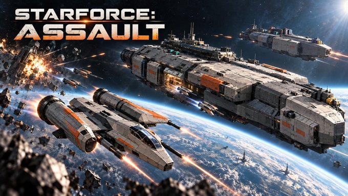 Sci-fi artwork titled 'STARFORCE: ASSAULT' showing large gray and orange spaceships engaged in a battle above a planet.