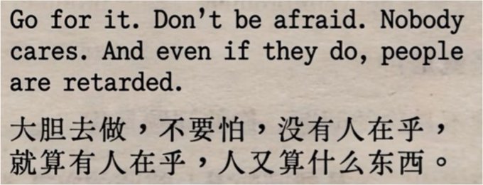 The image shows an English quote with its Chinese translation that reads: "Go for it. Don't be afraid. Nobody cares. And even if they do, people are retarded." The caption "Wise words" ironically frames this blunt, nihilistic advice about pursuing goals without fear of judgment as profound wisdom, highlighting the humor in treating such harsh and dismissive advice as sage life guidance.