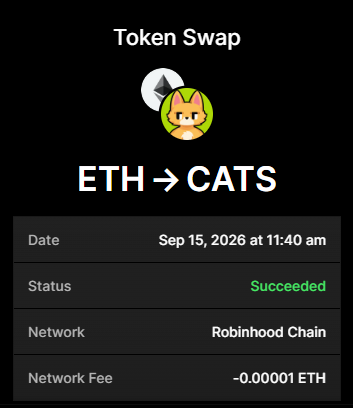 The image shows a successful Token Swap receipt on Robinhood Chain, where ETH was swapped for CATS tokens on September 15, 2026, with a network fee of ~0.00001 ETH. The receipt visually represents the "feeding the cats" mentioned in the post, illustrating the automatic buyback of $CATS tokens using royalties and fees to reward NFT holders.