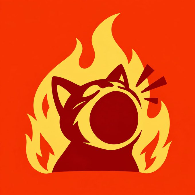 A stylized graphic of a cat head with a wide-open mouth surrounded by yellow and orange flames against a red background, depicting a shocked or screaming expression.