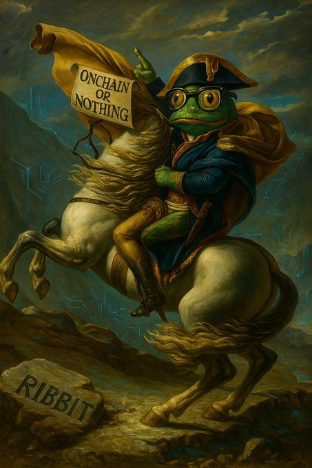 An artistic painting of an anthropomorphic frog dressed as Napoleon, riding a white horse and holding a scroll labeled 'ONCHAIN OR NOTHING', with a rock marked 'RIBBIT' in the foreground.