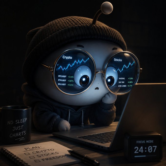 A cartoon character wearing a beanie and oversized glasses stares intensely at a laptop in a dark room, with "Crypto" (BTC/USDT, ETH/USDT, SOL/USDT) and "Stocks" (NASDAQ, S&P 500, DOW JONES) charts reflected in the lenses. Surrounding details include a "NO SLEEP JUST CHARTS" mug, a "FOCUS MODE 24:07" timer, and a planner with checkboxes for "Crypto," "Stocks," and "Freedom" — perfectly capturing the overstimulated, multi-asset trading vibe.