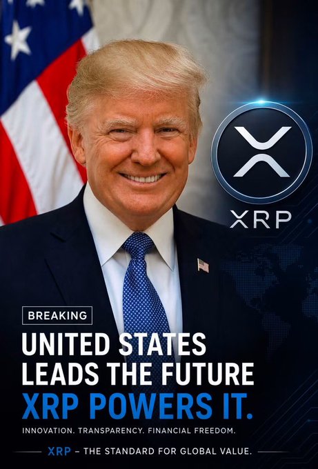 This image features Donald Trump and the XRP logo, with text overlaying "BREAKING UNITED STATES LEADS THE FUTURE XRP POWERS IT." The accompanying post aligns with this by highlighting XRP's potential in digital assets and financial infrastructure, suggesting a connection between U.S. leadership and XRP's growing influence.