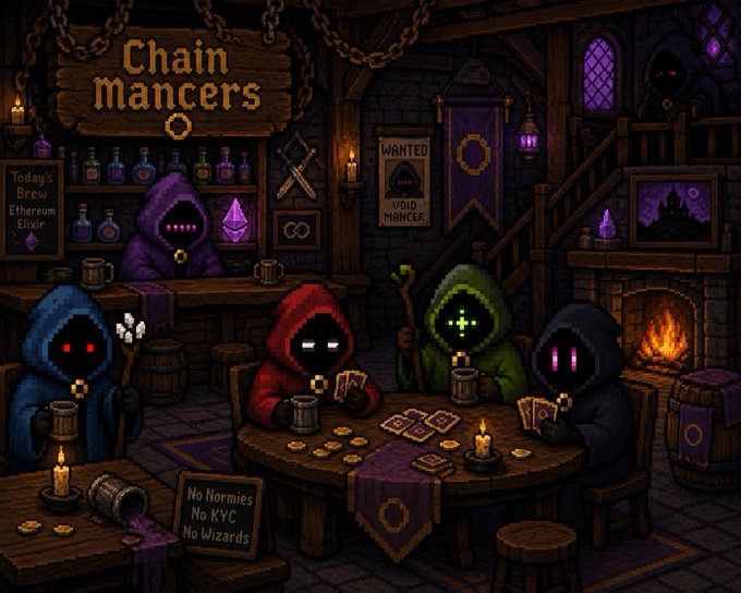 Pixel art depicting a fantasy tavern scene titled 'Chain Mancers' where hooded, glowing-eyed figures play cards; signs read 'Today's Brew: Ethereum Elixir', 'WANTED Void Mancr', and 'No Normies No KYC No Wizards'.