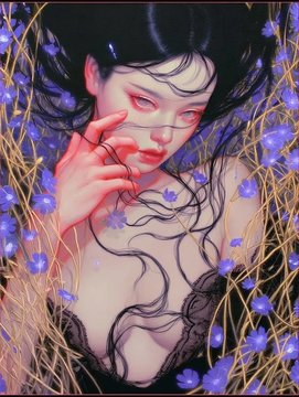 An illustration of a dark-haired woman with pale skin, touching her cheek while positioned within tall golden grass scattered with small purple flowers.
