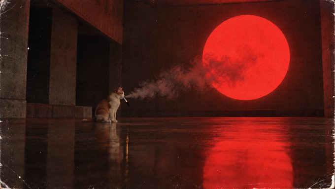 A cat sits in a dimly lit, concrete space, exhaling a plume of smoke from a cigar that drifts toward a large glowing red circle resembling a blood moon, its crimson light reflecting off the wet floor. The scene has a vintage, worn texture around the edges, giving it a dreamlike, surreal atmosphere.