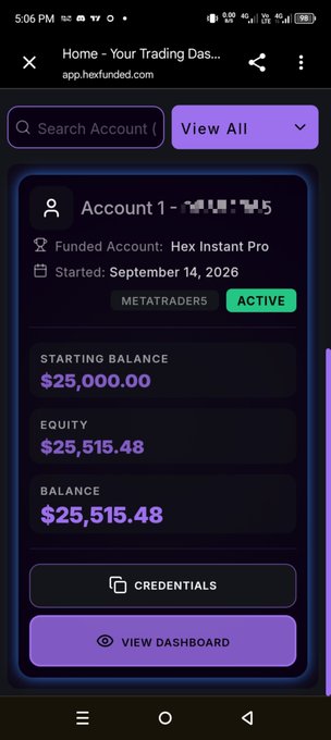 A mobile screenshot shows a trading dashboard from 'app.hexfunded.com' for 'Account 1 - Hex Instant Pro', displaying a Starting Balance and Equity of '$25,000.00' and '$25,515.48' respectively, with a 'ACTIVE' status.