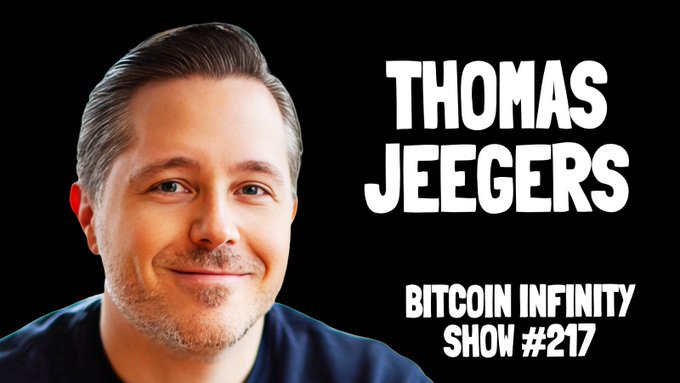 Promotional thumbnail featuring a smiling man against a black background with the text 'THOMAS JEEGERS BITCOIN INFINITY SHOW #217'.