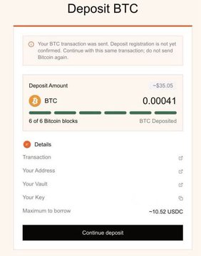 A 'Deposit BTC' screen showing a confirmation that a Bitcoin transaction was sent but deposit registration is not yet confirmed, displaying a deposit amount of 0.00041 BTC (~35.05 USD) with 6 of 6 Bitcoin blocks deposited, and a 'Continue deposit' button.