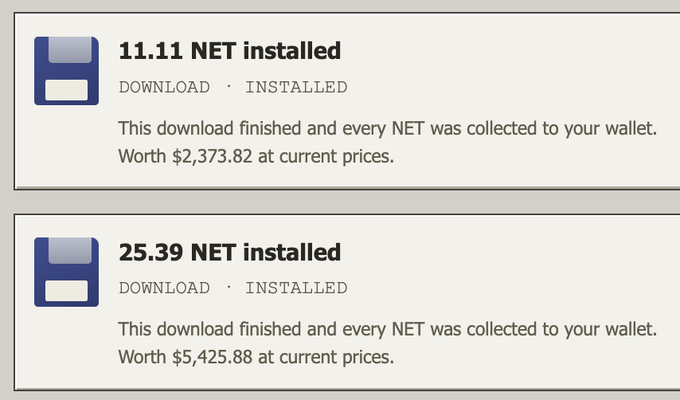 The image shows two screenshots of NET token mining winnings from the Netnet.capital app, displaying rewards of 11.11 NET ($2,373.82) and 25.39 NET ($5,425.88) marked as "DOWNLOAD · INSTALLED" with notes that the NET was collected to the user's wallet. These earnings illustrate the profitability of the apps referenced in the post, which highlights Netnet.capital's various earning opportunities and a $10 sign-up bonus lottery for new users.