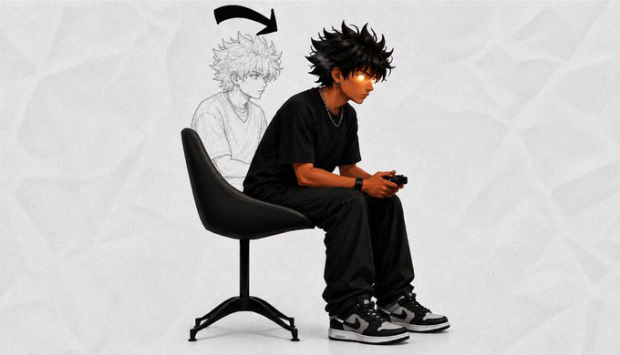 An illustration of a person in dark clothing sitting on a chair playing a video game controller with glowing orange eyes, with an arrow pointing from a sketched outline to a finished colorful version of the character.