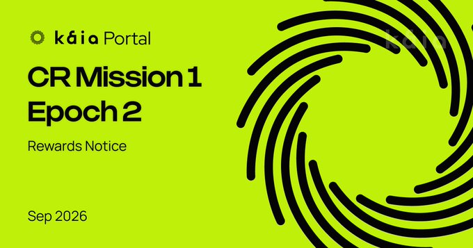 A bright yellow graphic for 'k6ia Portal' announcing 'CR Mission 1 Epoch 2 Rewards Notice' for 'Sep 2026', featuring a black circular pattern.
