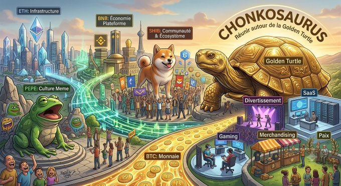 A vibrant crypto ecosystem illustration labels distinct sectors—ETH: Infrastructure, BNB: Économie Plateforme, SHIB: Communauté & Écosystème, and PEPE: Culture Meme—alongside central figures of a Shiba Inu and a large golden turtle labeled "Golden Turtle," with a golden path of BTC coins leading toward "CHONKOSAURUS" at the top right. The caption references various crypto themes, and the image visually ties them together by depicting each coin's niche domain leading up to the introduction of the Golden Turtle as the next evolution uniting these concepts.