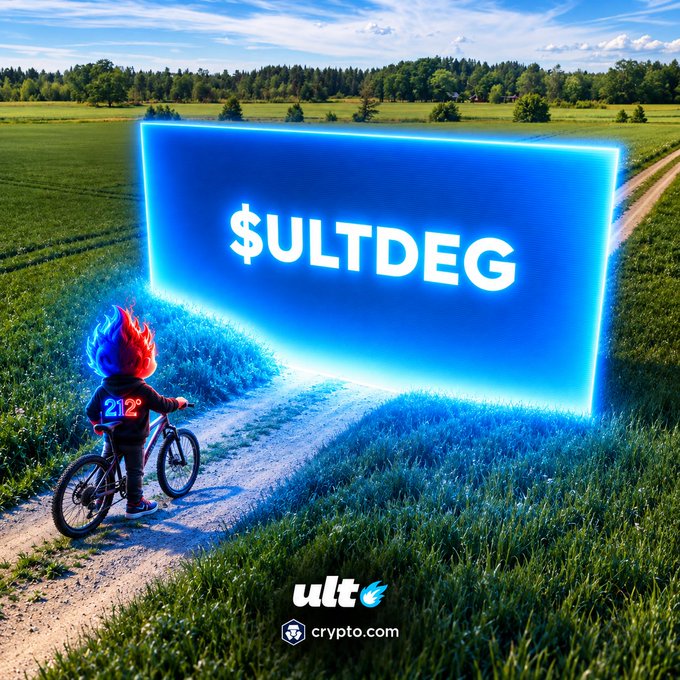 A child with flame hair stands with a bicycle before a glowing blue holographic billboard displaying '$ULTDEG' in a grassy field, with 'ult' and 'crypto.com' logos at the bottom.