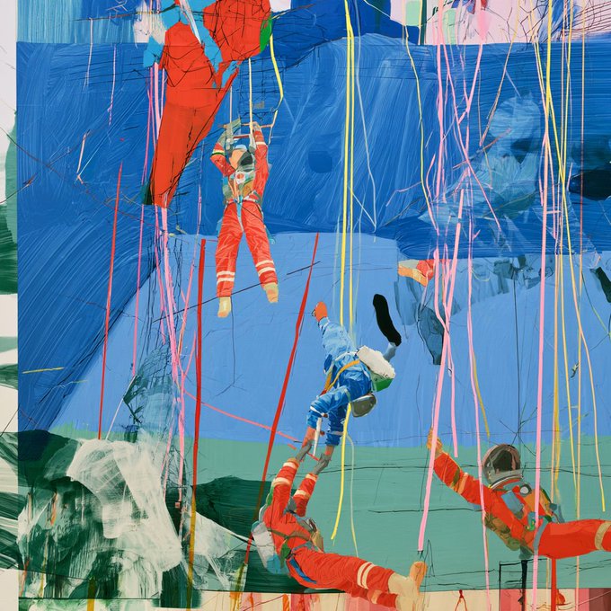 A vibrant abstract painting depicts figures in red and blue protective suits suspended by ropes, with colorful paint drips cascading down the canvas in an industrial or climbing-themed scene.