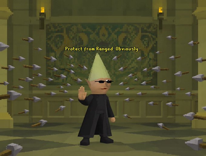 A 3D animated character in a black robe and sunglasses stands in a stone hall surrounded by flying axes, with text reading 'Protect from Ranged. Obviously.'