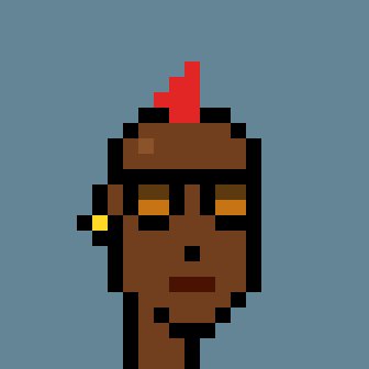 A low-resolution pixel art rendering of a dark figure with a red flame or plume on its head against a solid blue background.