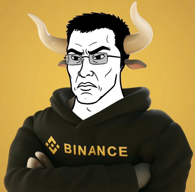 An illustrated cartoon shows a stern-faced man with bull horns and ears, wearing glasses and a black hoodie emblazoned with the "BINANCE" logo and yellow diamond symbol, set against a mustard-yellow background. The image visualizes the post's "CZ final form bull" caption by depicting Binance founder Changpeng Zhao as a bullish, horned minotaur-like figure, symbolizing aggressive market momentum and BNB strength.