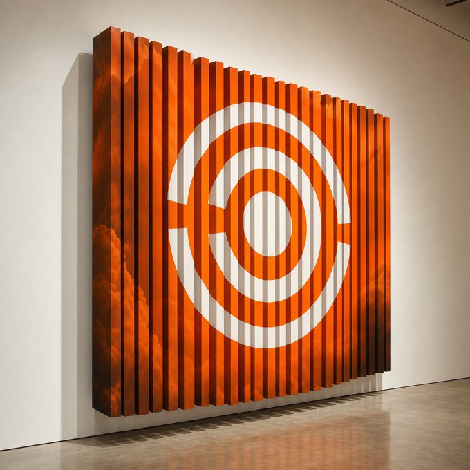 A large gallery wall installation of vertical orange wooden slats of varying heights forming a mural, with a central white concentric-circle target motif and a cloudy orange-and-blue painted sky backdrop.