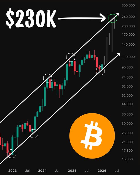 A candlestick chart predicting Bitcoin's price growth, with an upward trend line pointing to a target of '$230K' by July 2026.