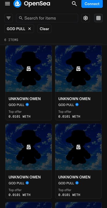 A screenshot of the OpenSea NFT marketplace showing six identical items named "UNKNOWN OMEN" from the "GOD PULL" collection, each with a top offer of 0.0101 WETH.