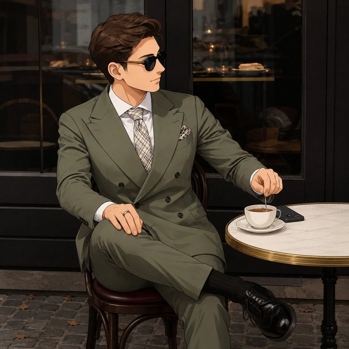 An anime-style illustration of a man in a green double-breasted suit and sunglasses sitting at a café table with a coffee cup and smartphone.
