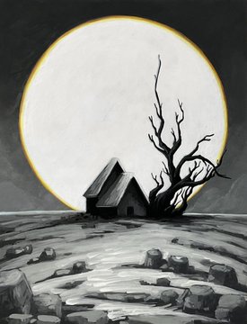 A black and white artistic illustration of a small house and bare tree silhouetted against a large full moon, with rocky terrain in the foreground.