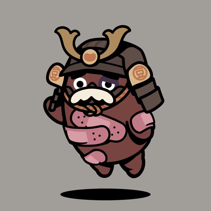 A cartoon illustration depicts a round, samurai-like character floating in the air, wearing a horned helmet and spiked shoulder armor, with a pink sash.