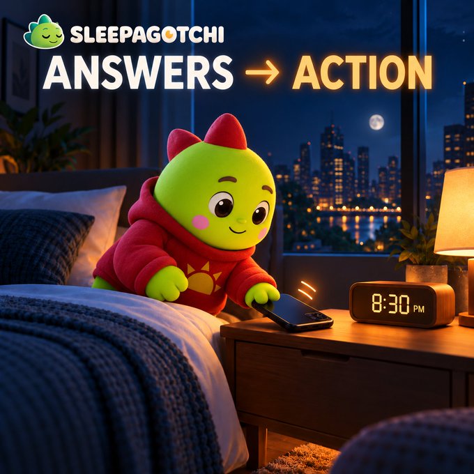 Promotional image for "Sleepagotchi" with the text "ANSWERS → ACTION," featuring a green cartoon character in a red hoodie using a smartphone on a bedside table next to a digital clock reading 8:30 PM.