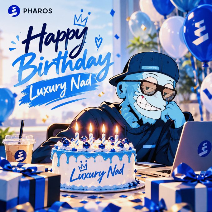 A digital birthday greeting illustration featuring a blue-skinned character with sunglasses and a cap next to a cake reading 'Happy Birthday Luxury Nad' with the Pharos logo.