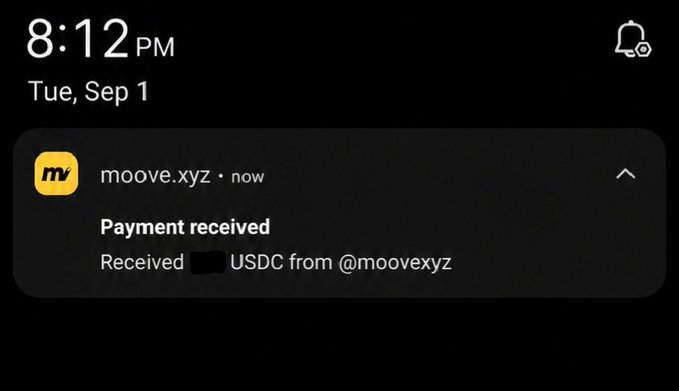 Smartphone lock screen notification at 8:12 PM on Tue, Sep 1, showing a payment received from 'moove.xyz · now' with the message 'Received [redacted] USDC from @moovexyz'.