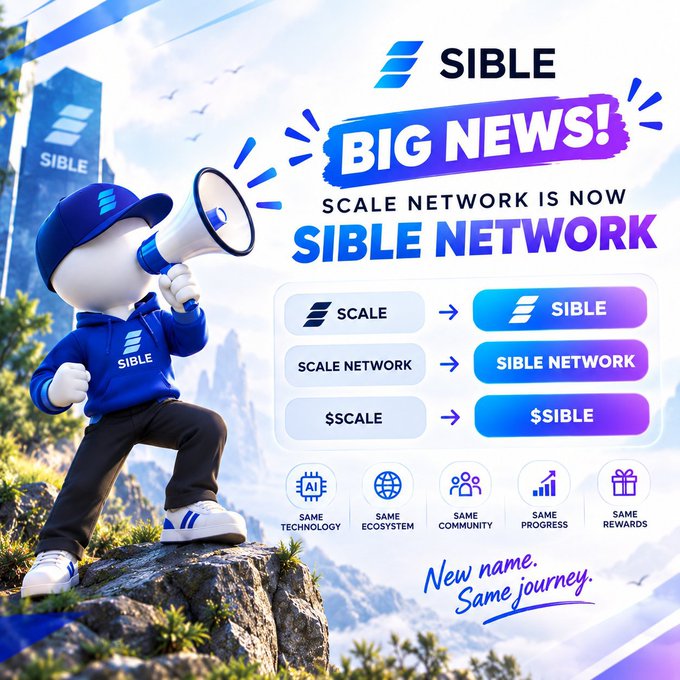 An announcement graphic stating 'BIG NEWS! SCALE NETWORK IS NOW SIBLE NETWORK,' showing the rebranding with a 3D character holding a megaphone and listing benefits like 'Same Technology' and 'Same Rewards.'